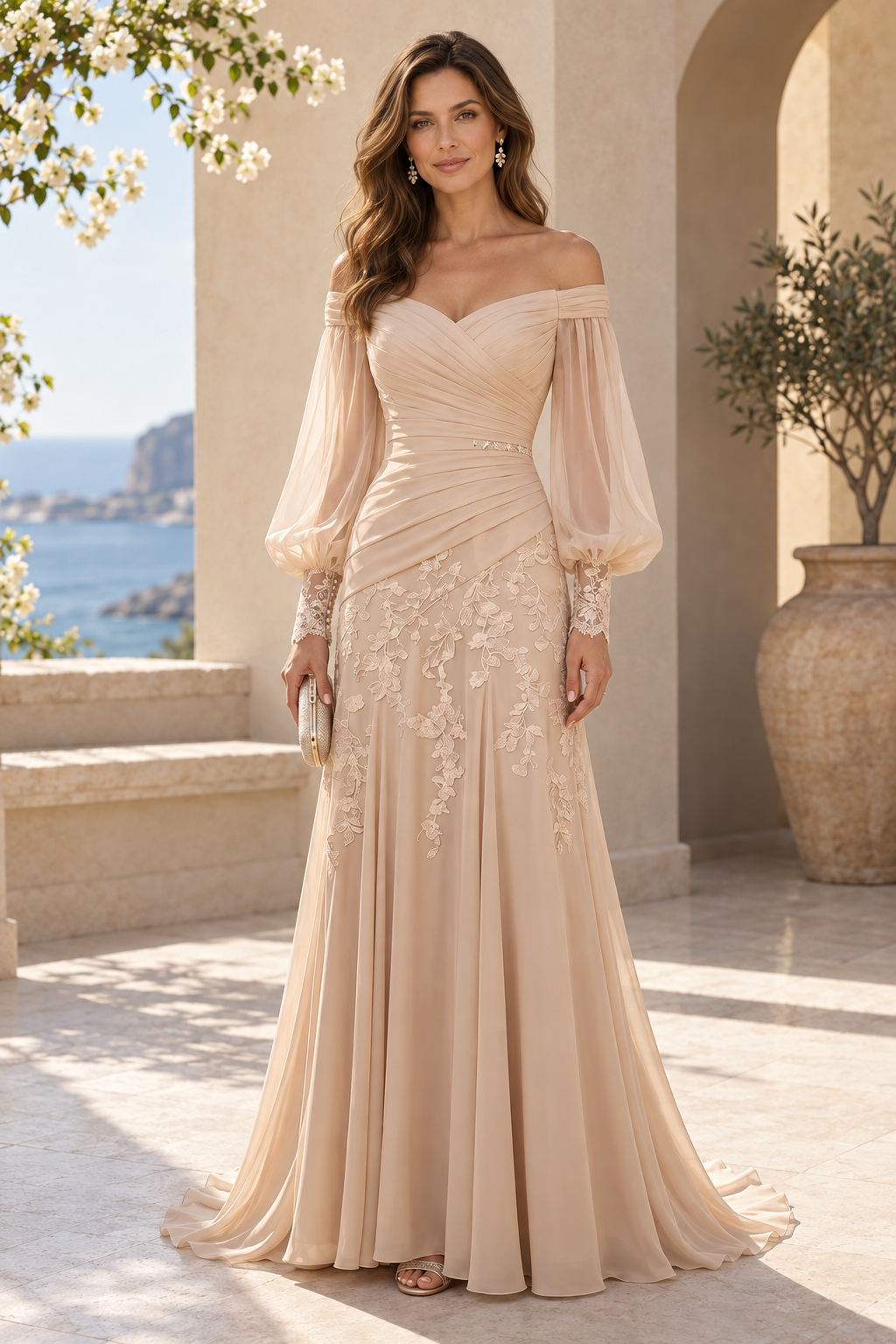 Off-the-Shoulder Bishop Sleeve Lace Applique Gown