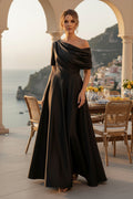 Asymmetrical One-Shoulder Satin Midi Dress with Pockets