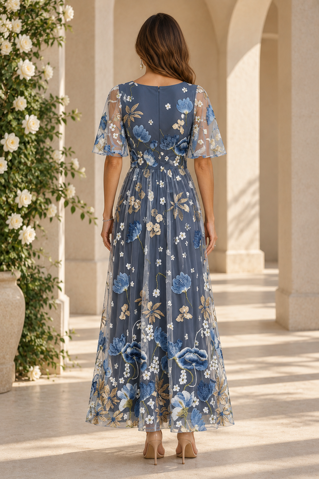 Floral Embroidered A-Line Dress with Flutter Sleeves