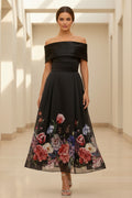 Off-the-Shoulder Floral A-Line Tea-Length Dress
