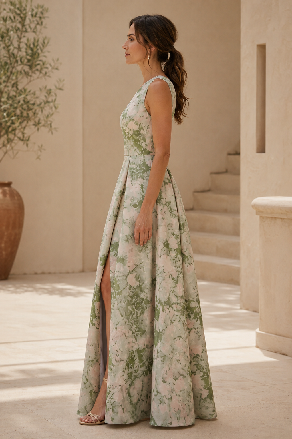 One-Shoulder Floral Print Gown with High Slit