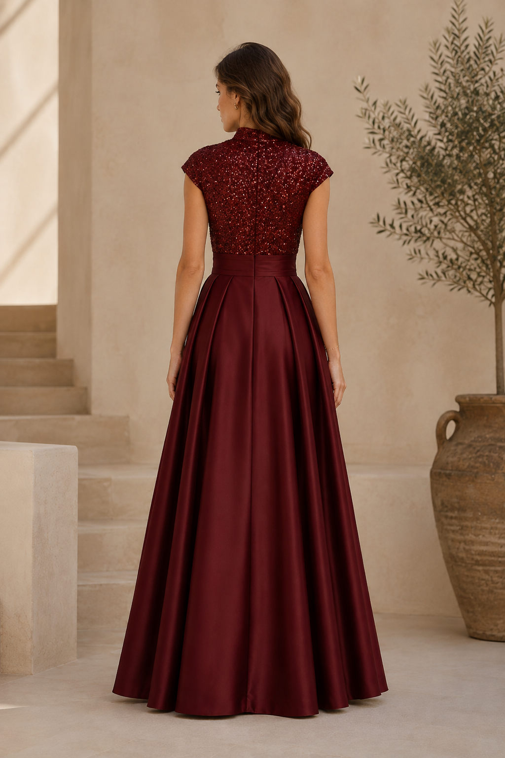 Sequin Bodice Pleated Satin A-Line Gown