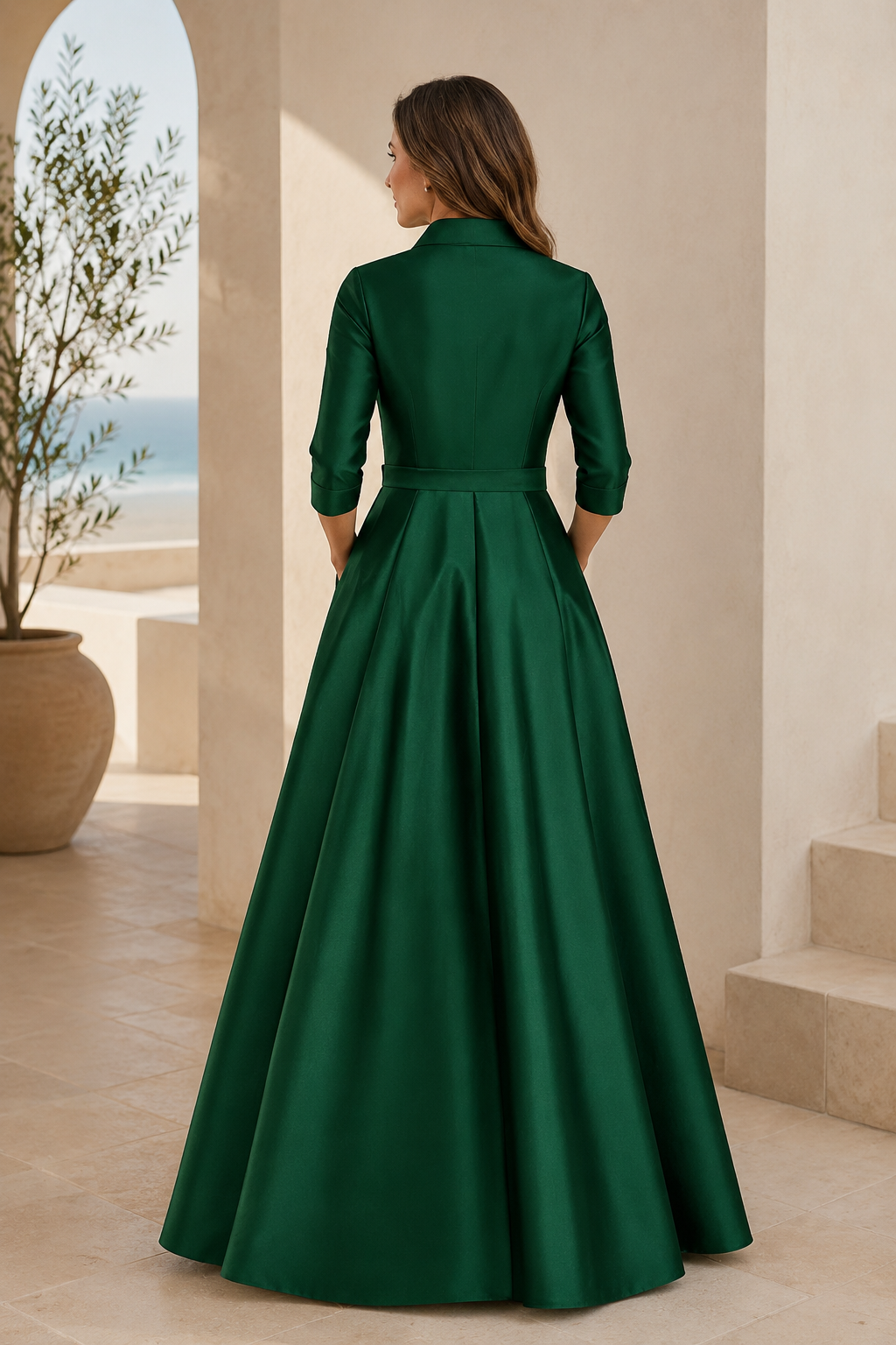 Emerald Satin Shirt Dress Gown with Tie Waist
