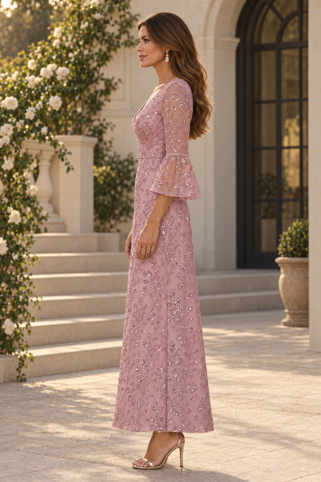 Sequin Bell Sleeve V-Neck A-Line Maxi Dress