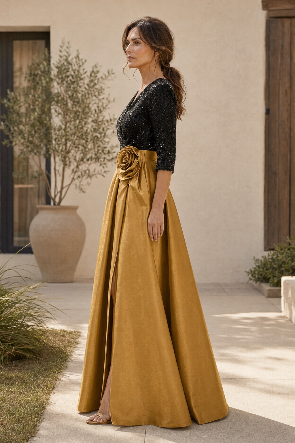 Sequin 3/4 Sleeve A-Line Gown with Rosette