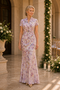 Floral Ruched High Neck Short Sleeve Maxi Gown