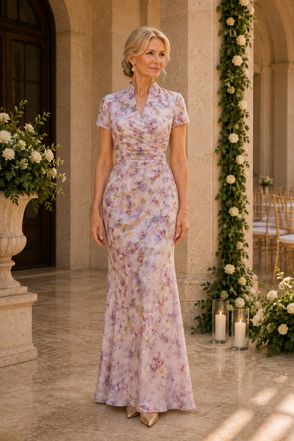Floral Ruched High Neck Short Sleeve Maxi Gown