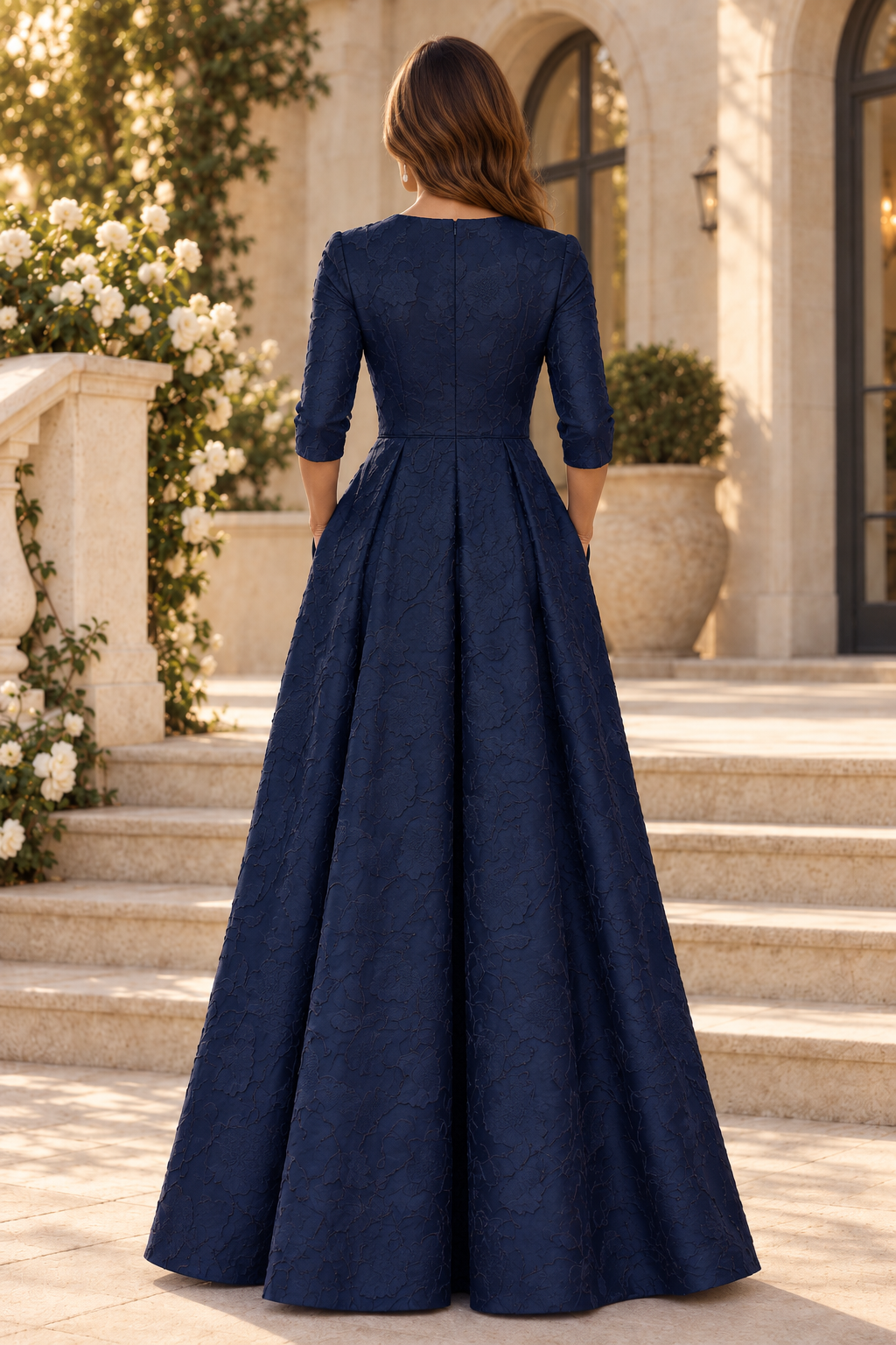 Jacquard A-Line Gown with 3/4 Sleeves