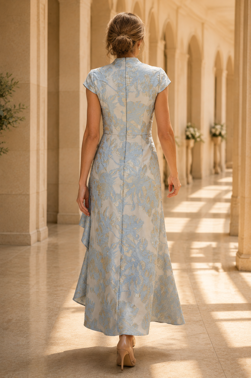 Jacquard V-Neck Maxi Dress with Side Cascading Ruffle