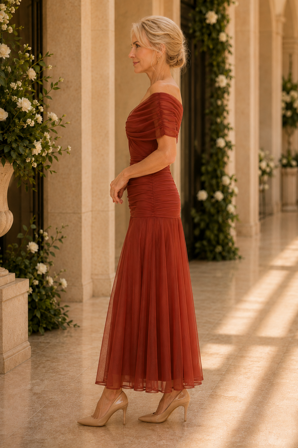 Off-the-Shoulder Ruched Tea-Length Dress
