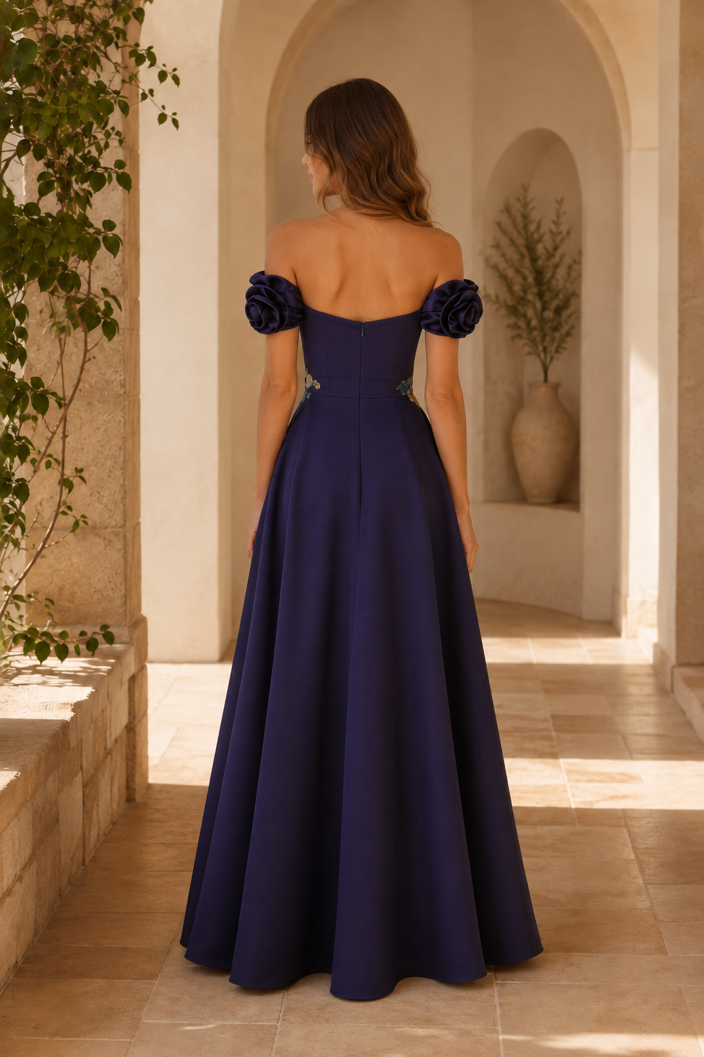 Off-Shoulder Floral Gown with Rosette Straps & Overskirt