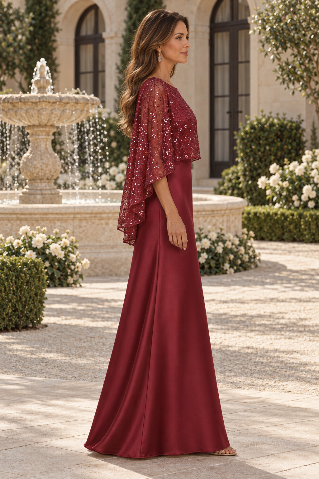 Sequin Capelet Satin Evening Gown