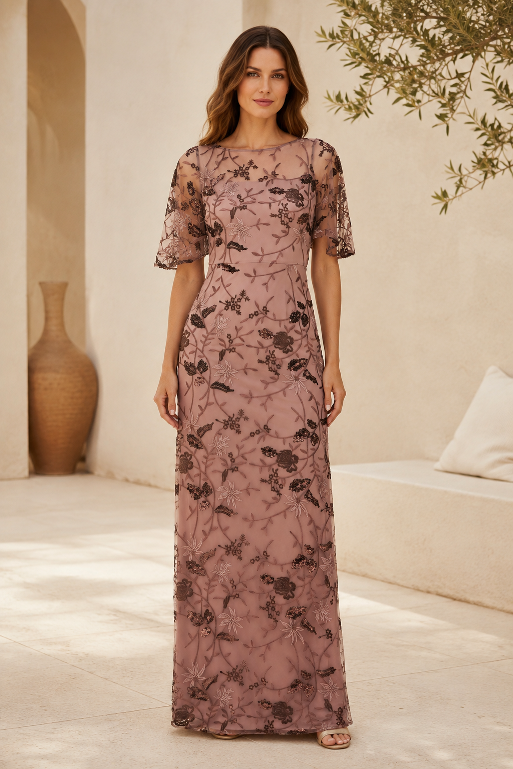 Floral Embroidered Sequin Mesh Evening Gown