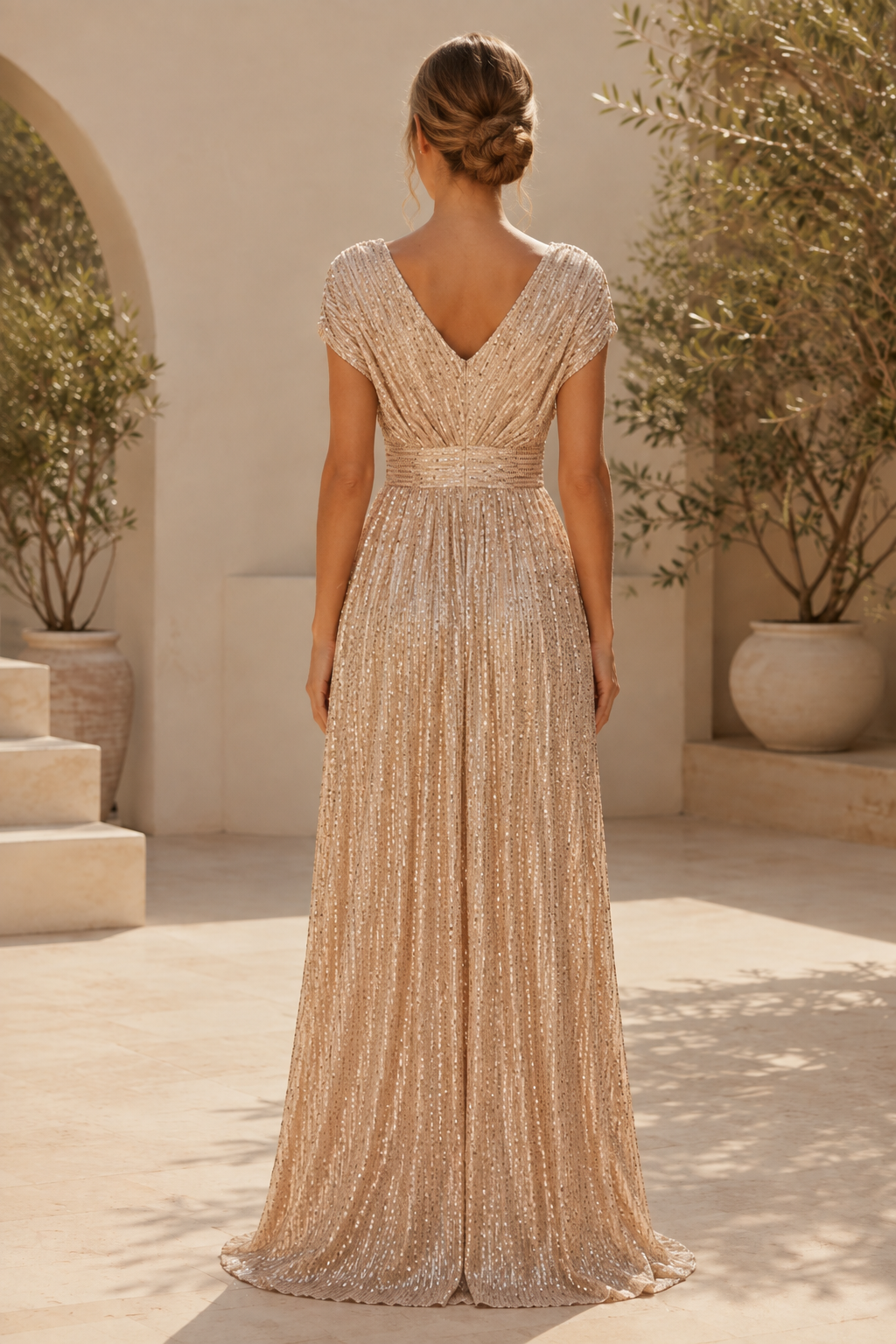 Sequin V-Neck A-Line Gown with Cap Sleeves