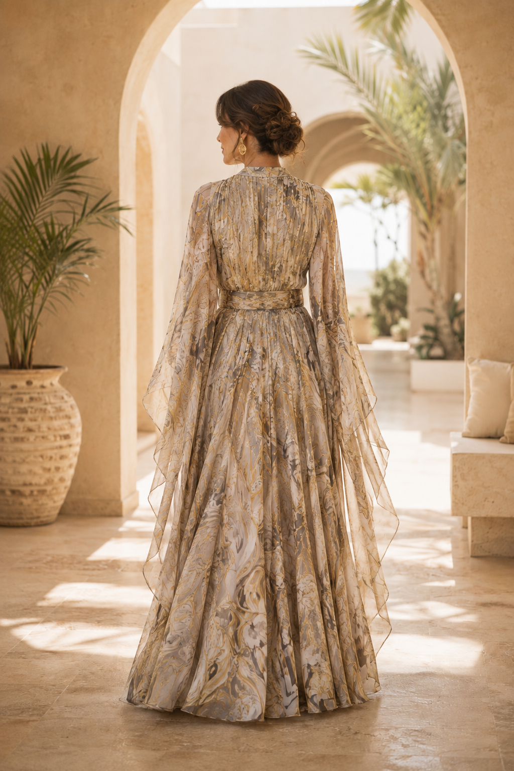 Printed Cape Sleeve Maxi Dress with Belt