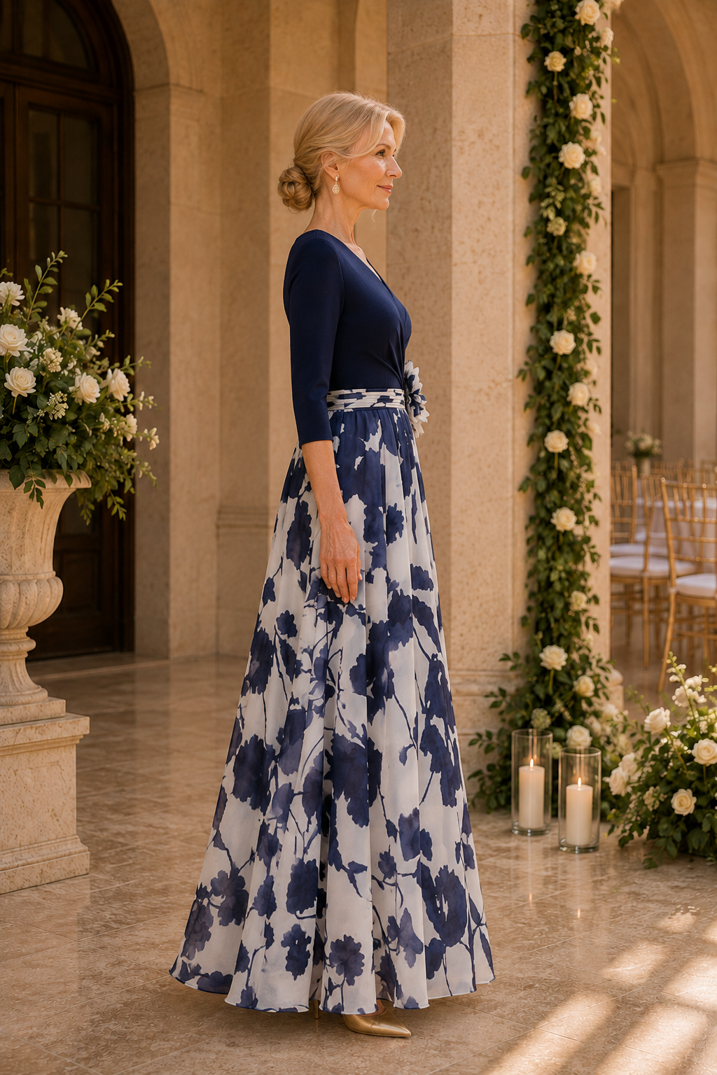 Floral Print A-Line Gown with 3/4 Sleeves