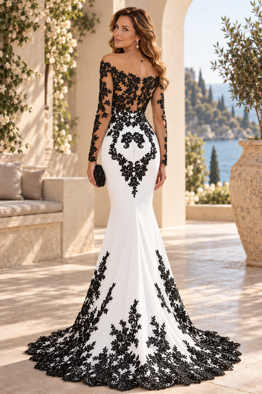 Lace Applique Mermaid Gown with Illusion Sleeves