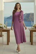 3/4 Sleeve 3D Floral Asymmetrical Midi Dress