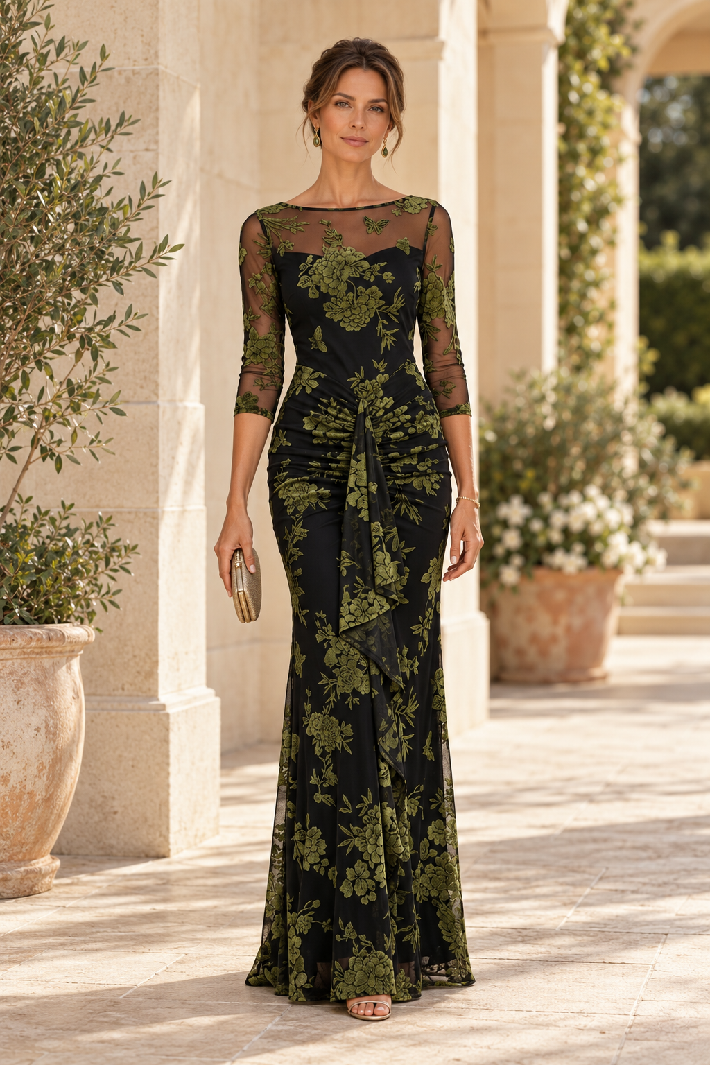 Floral Illusion 3/4 Sleeve Ruched Mermaid Gown