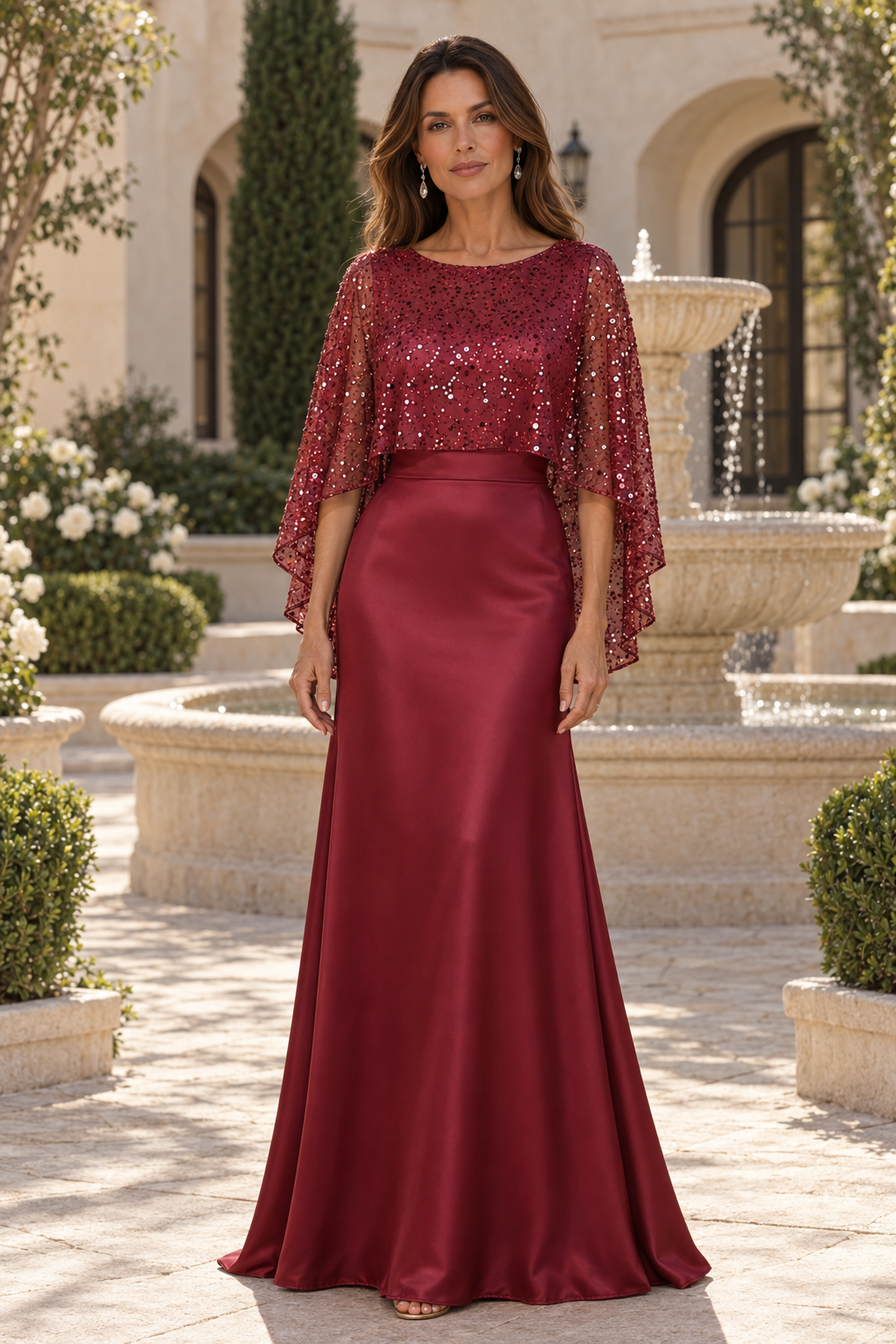 Sequin Capelet Satin Evening Gown