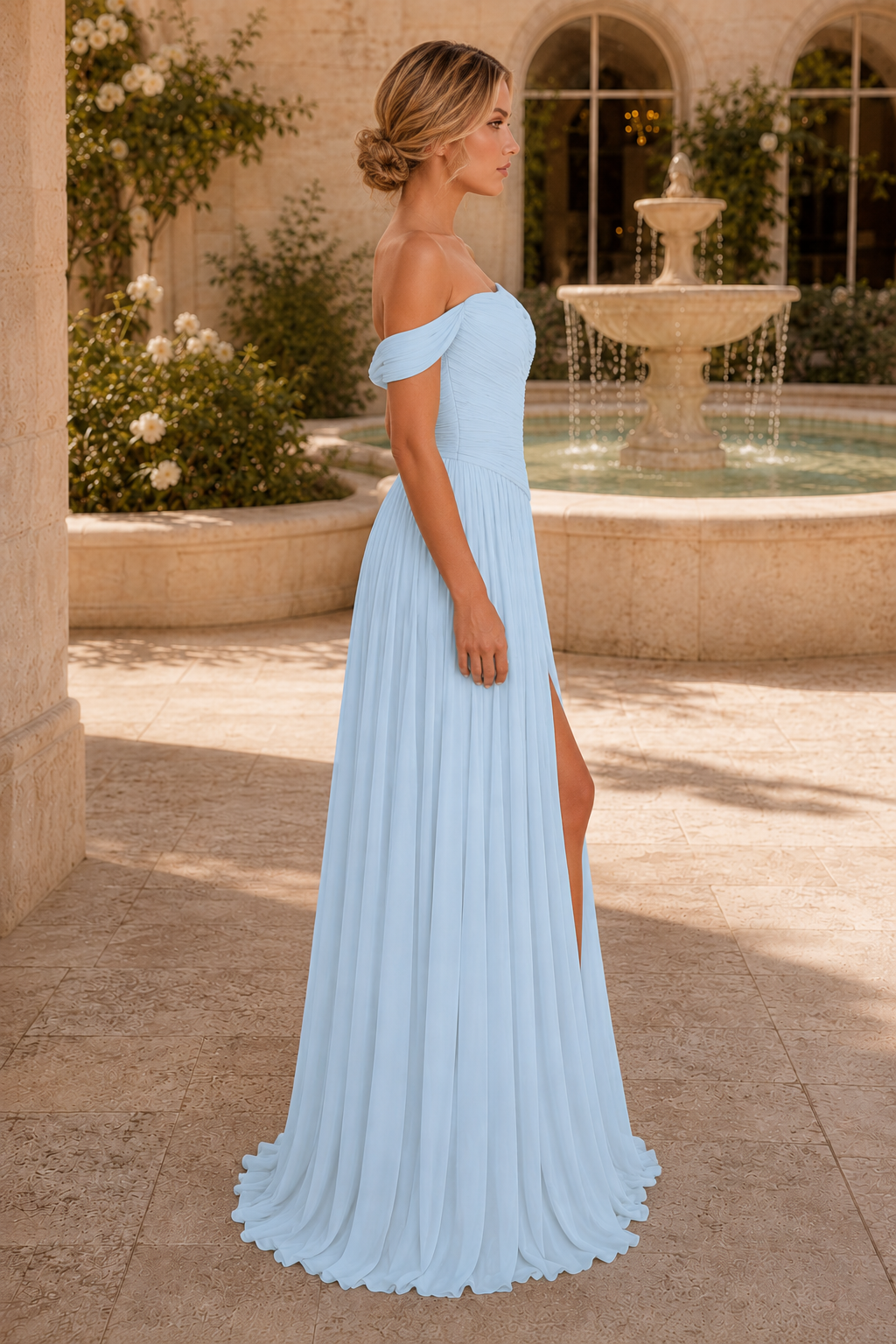 One-Shoulder Pleated Chiffon Gown with High Slit