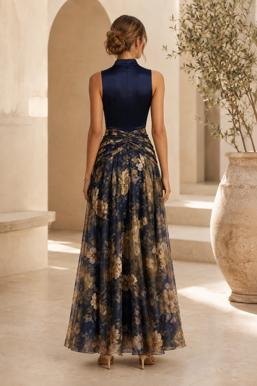 High-Neck Floral Print A-Line Evening Gown