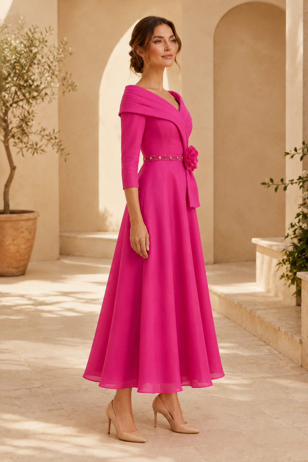 Portrait Neckline A-Line Dress with Rosette