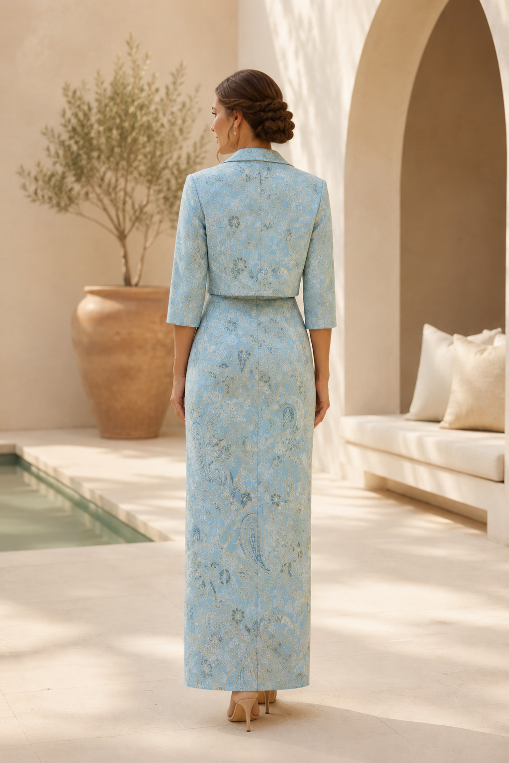 Jacquard Square-Neck Column Dress and Jacket Set