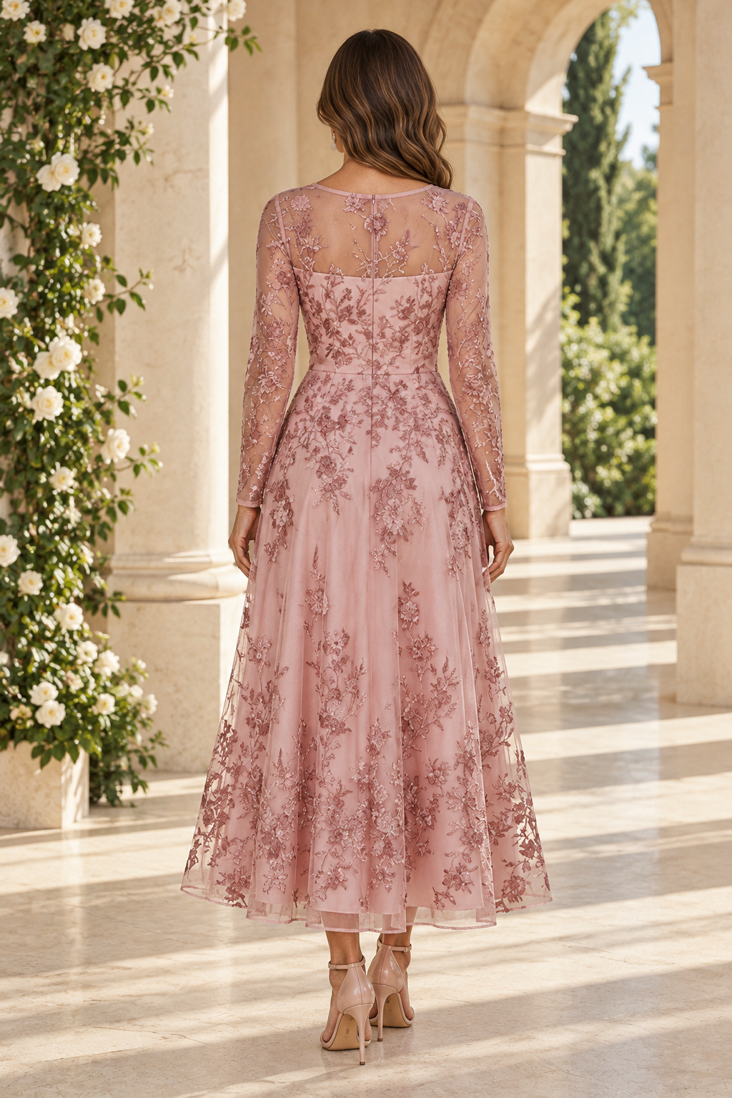 Floral Embroidered Illusion Neck Midi Dress