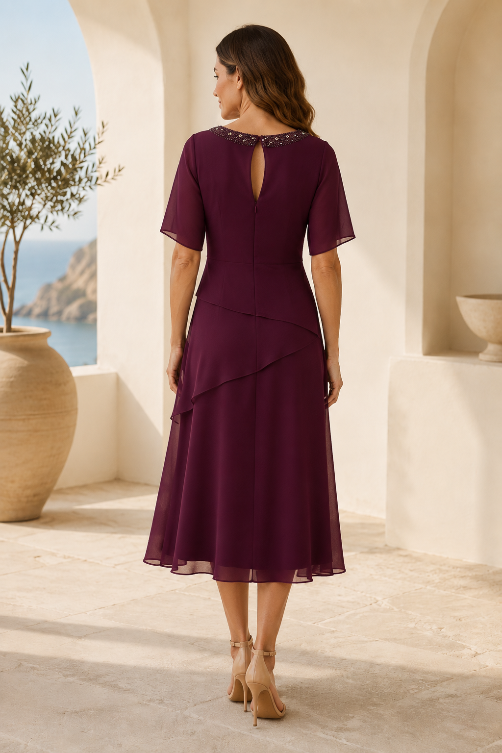 Beaded Neckline Tiered Chiffon Midi Dress