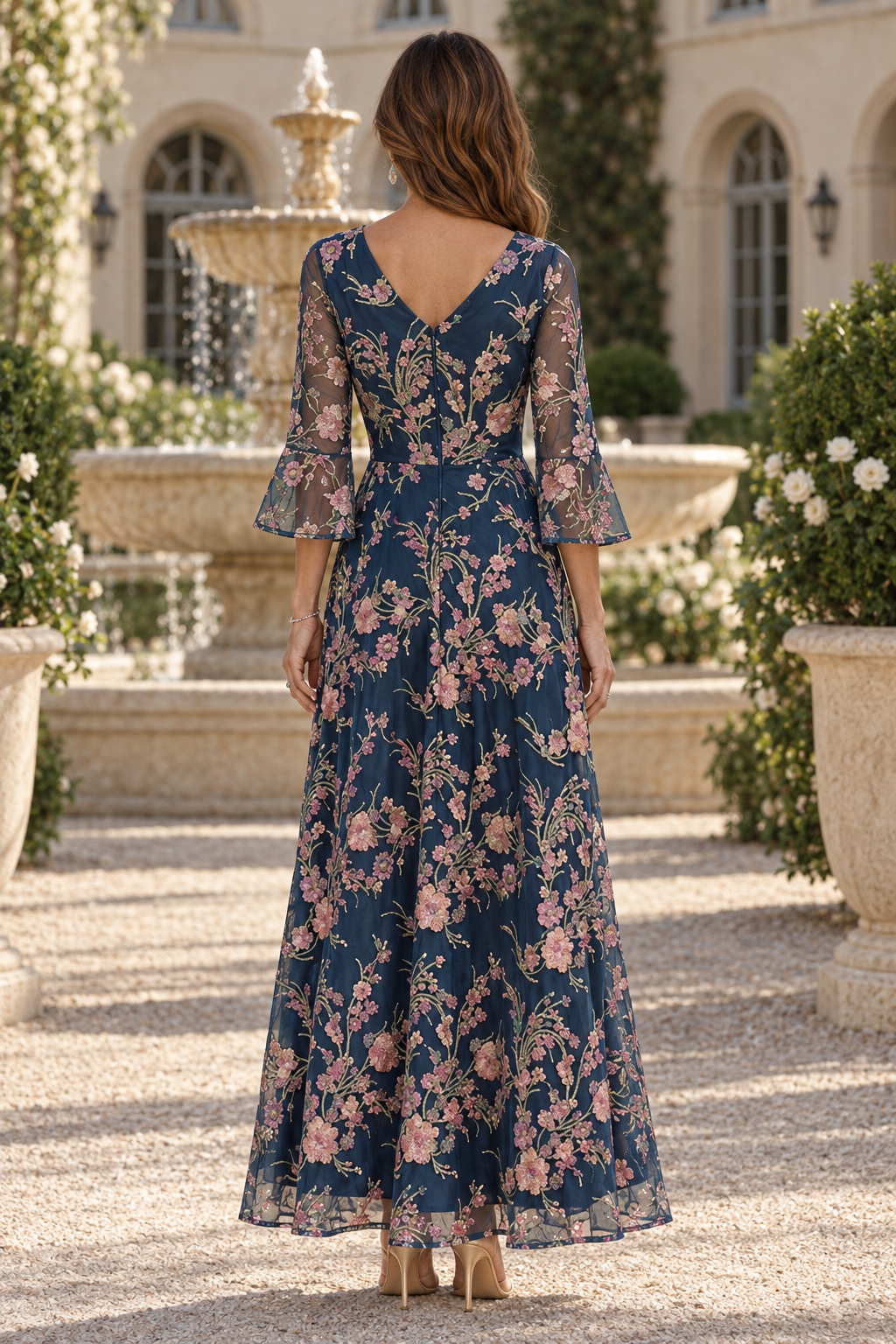Floral Embroidered V-Neck Bell Sleeve Maxi Dress