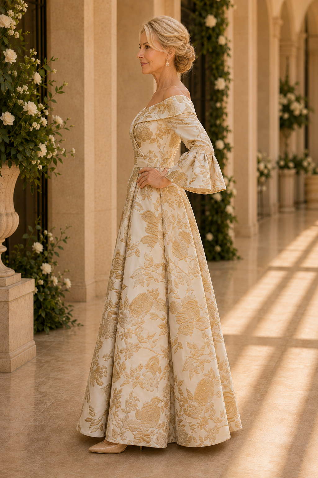 Off-the-Shoulder Brocade A-Line Evening Gown