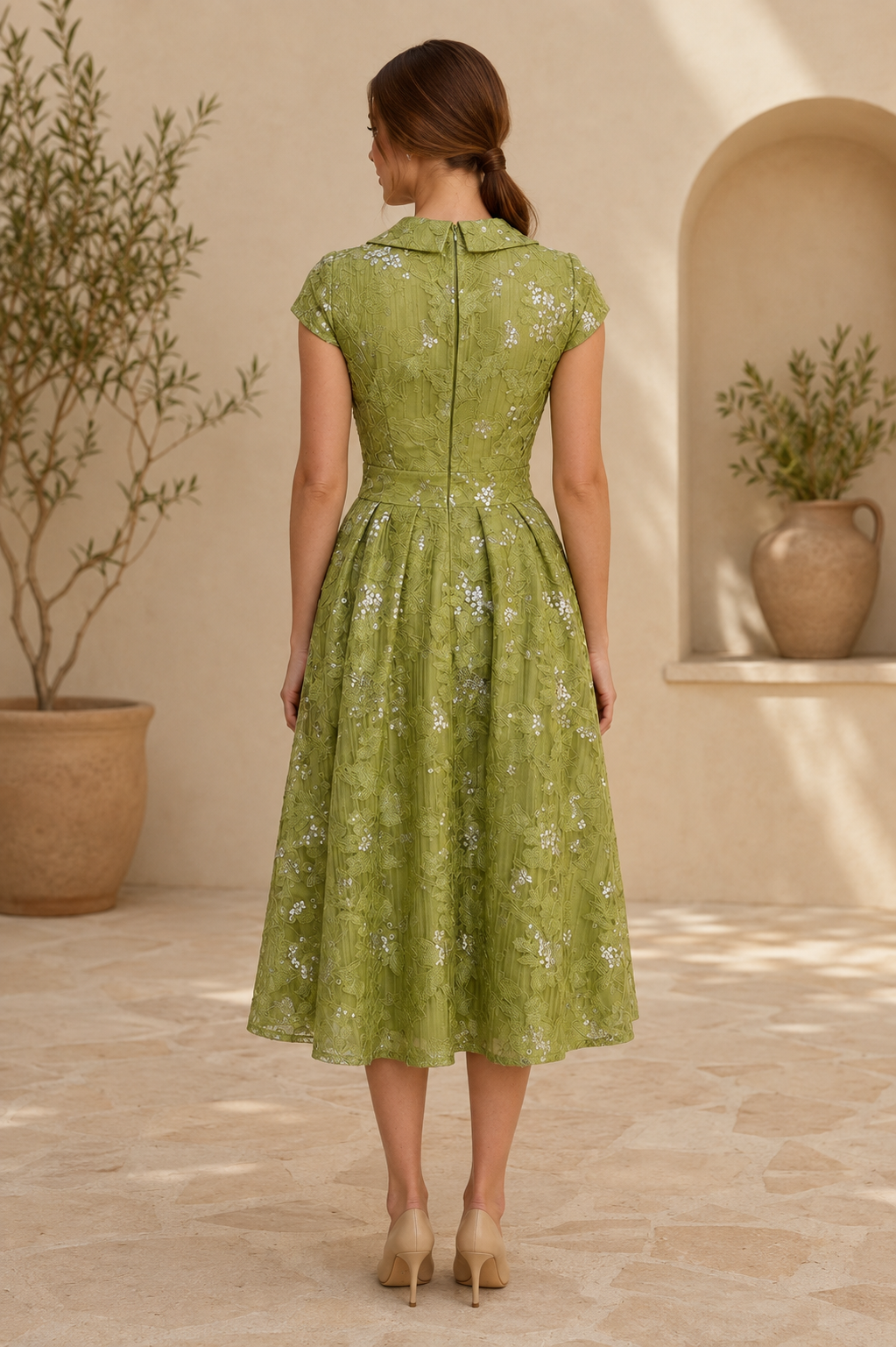 Floral Sequin Lace Wrap Midi Dress with Collared V-Neck