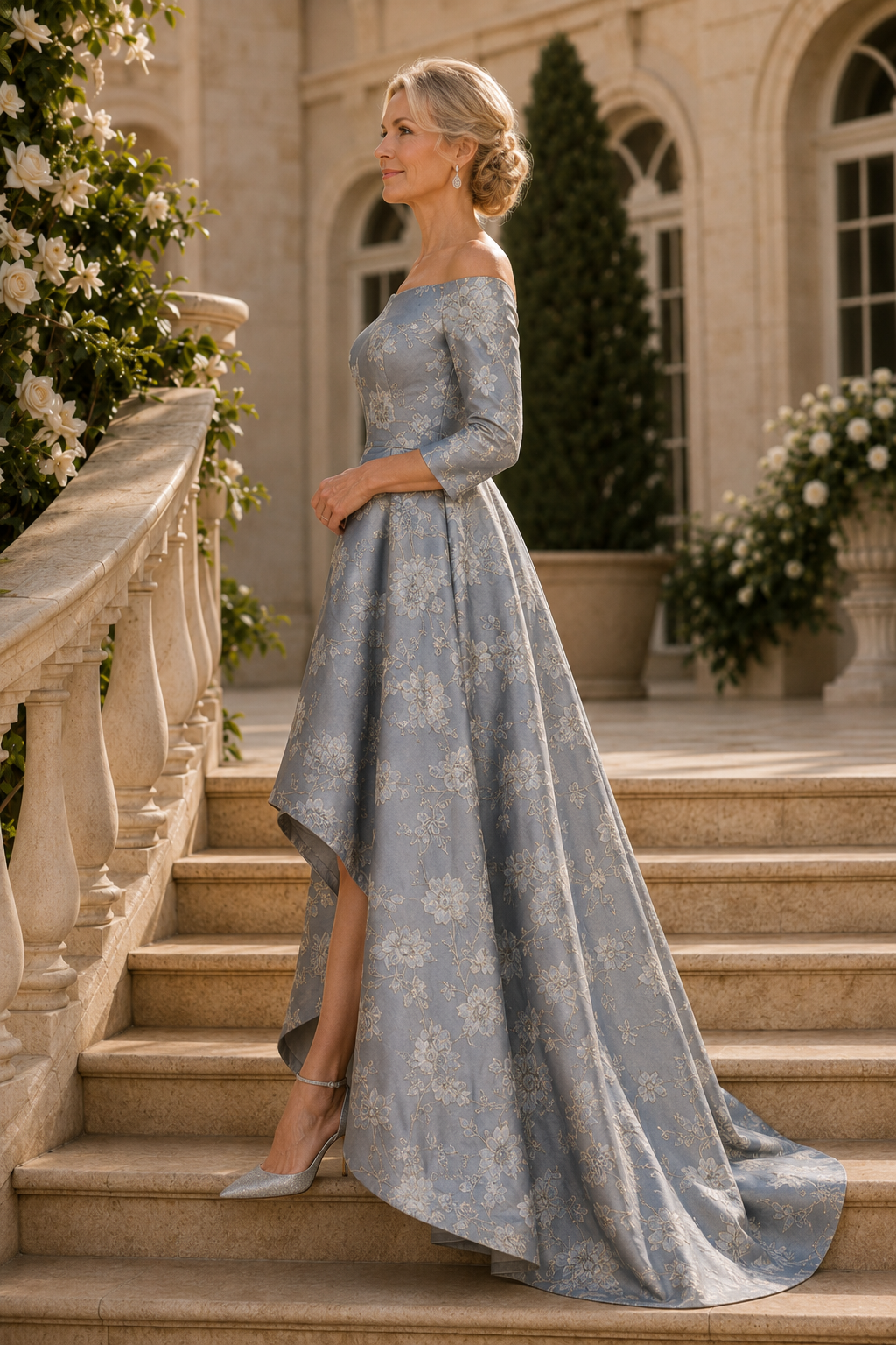 Floral Jacquard High-Low Formal Gown with 3/4 Sleeves