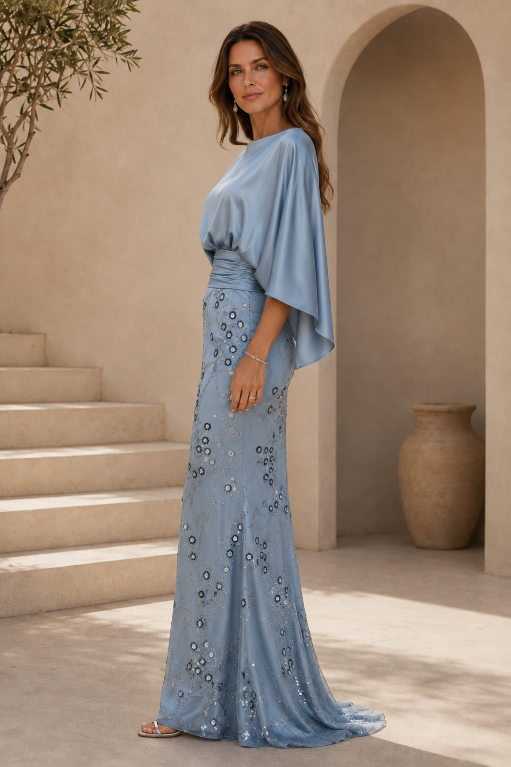 Batwing Sleeve Sequin Floor-Length Gown