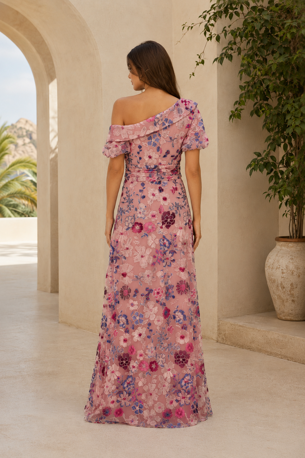 One Shoulder Floral Embroidered Maxi Dress