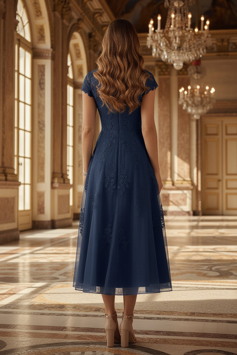 Illusion Neckline Lace A-Line Tea-Length Dress
