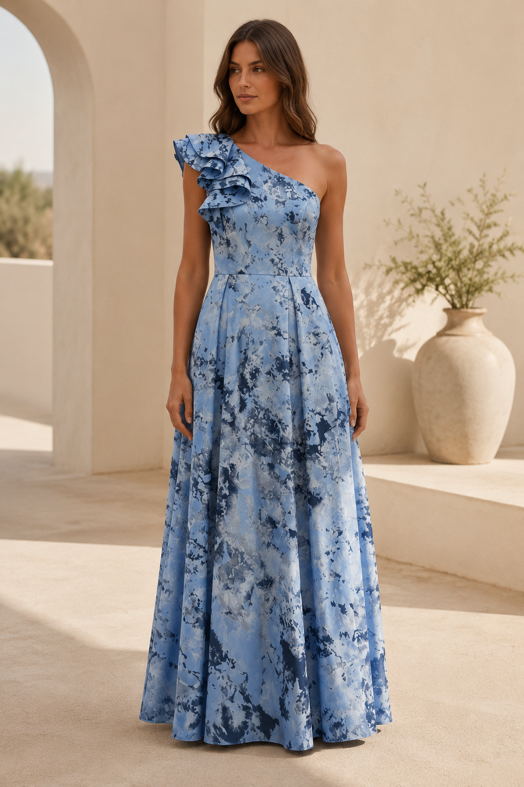 One Shoulder Ruffle Pleated A-Line Maxi Gown