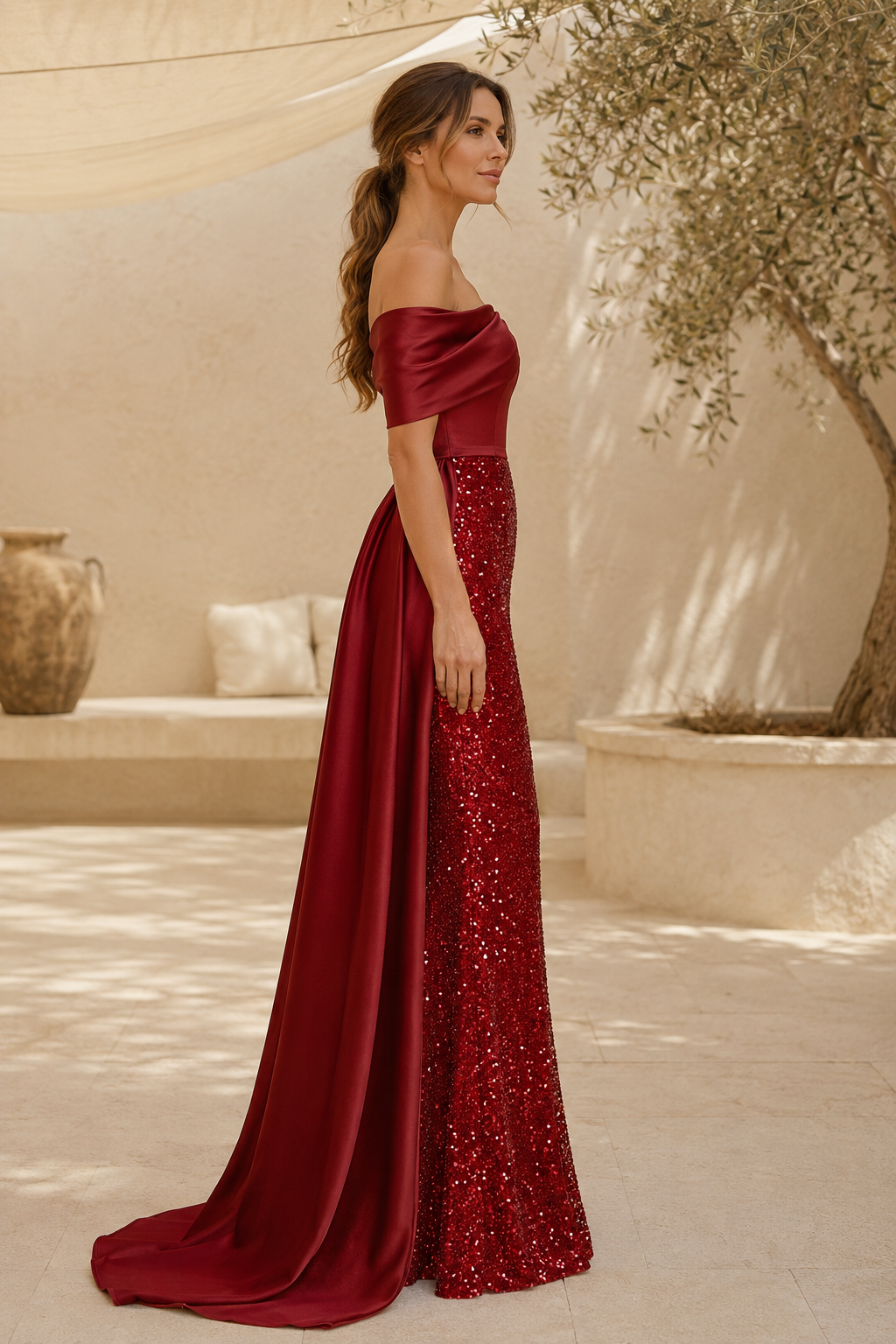 One-Shoulder Sequin Gown with Satin Side Drape