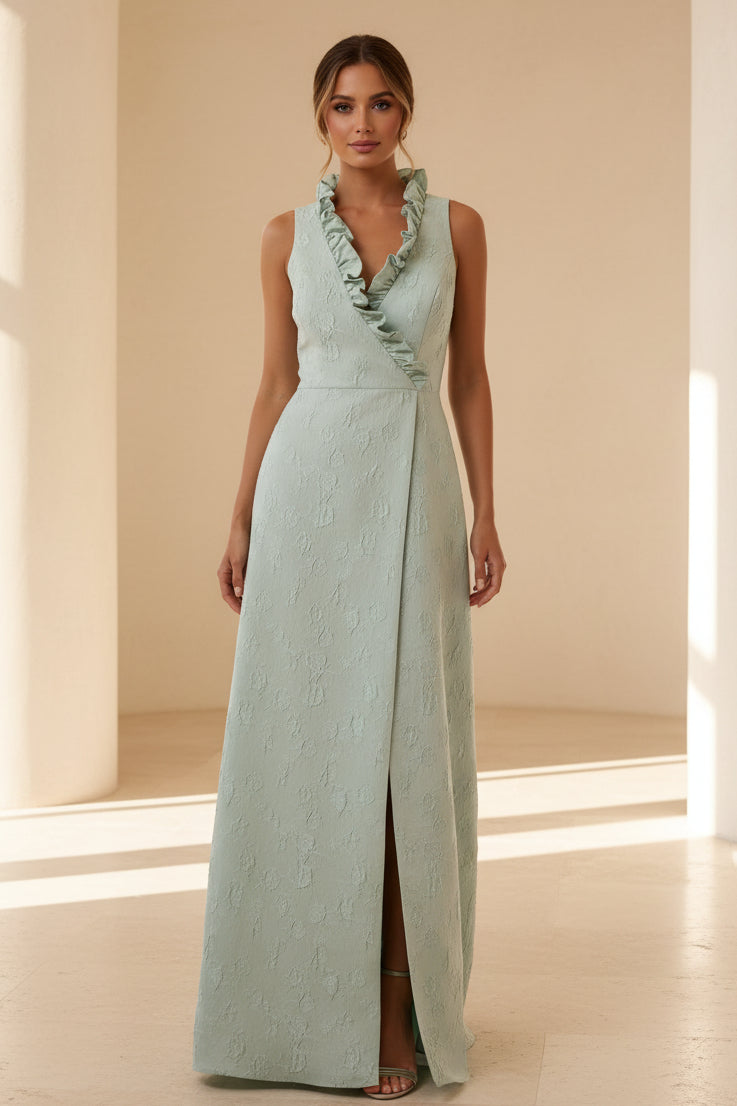 Sleeveless Jacquard A-Line Gown with Ruffled Neckline