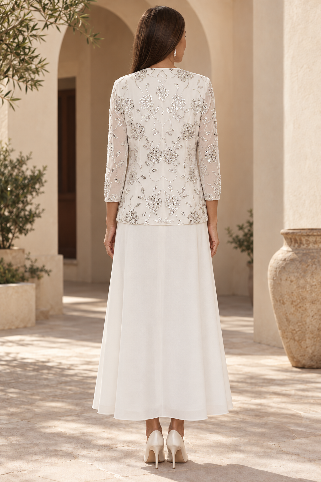 Sequin Floral Bodice Dress with 3/4 Sleeve Jacket