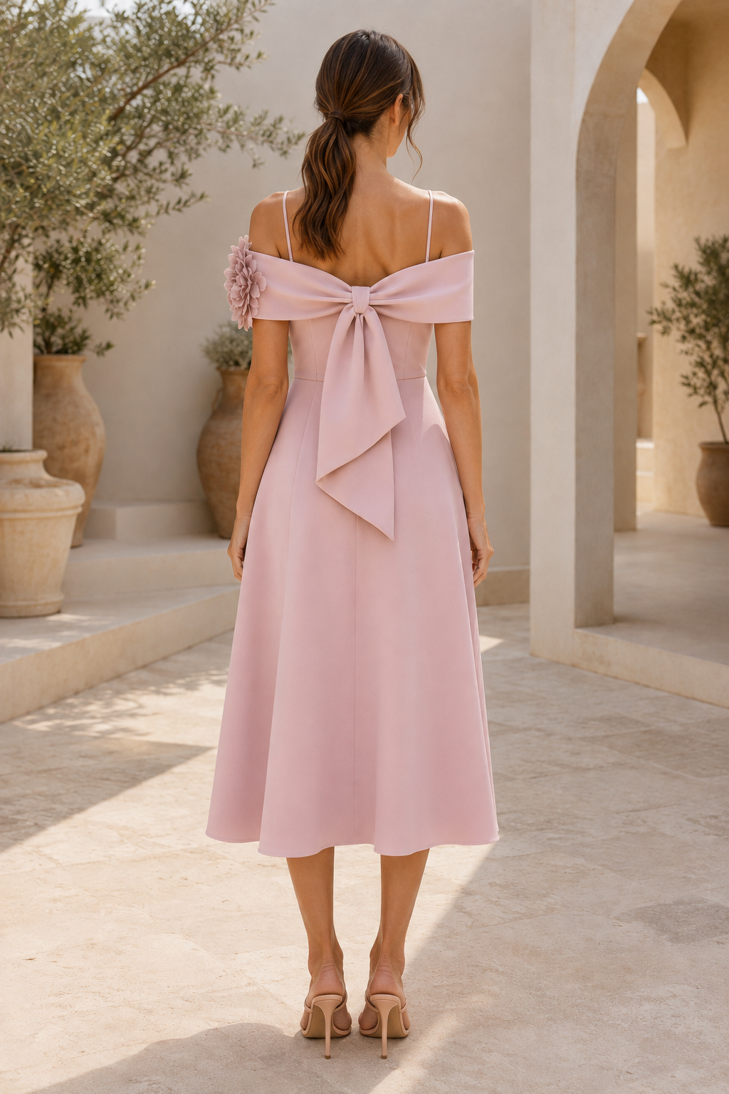 3D Floral Off-Shoulder Midi Dress with Back Bow