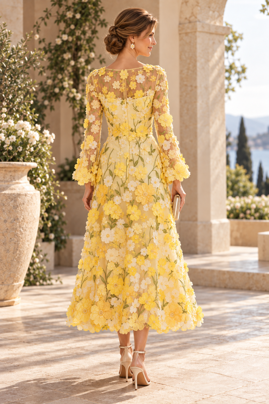 3D Floral Applique Illusion Long Sleeve A-Line Dress