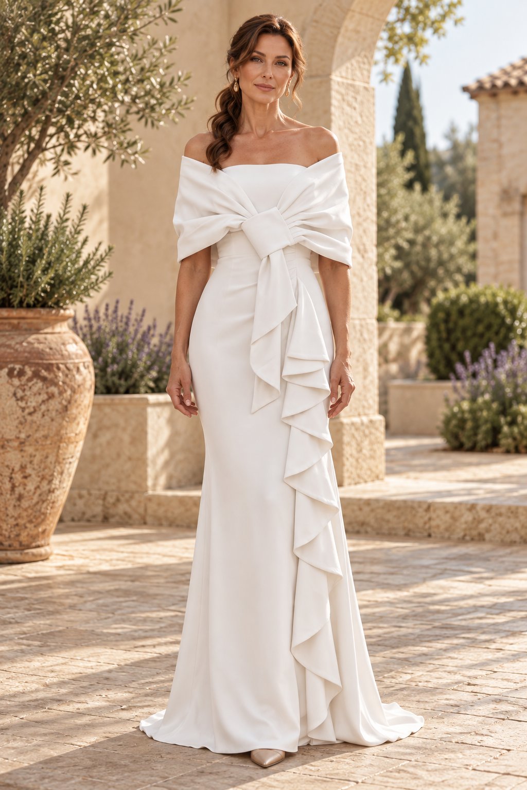 Off-Shoulder Knotted Bodice Ruffled Gown