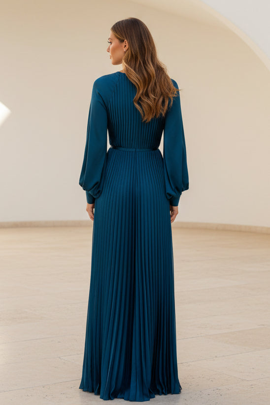 Pleated Long Sleeve A-Line Evening Gown