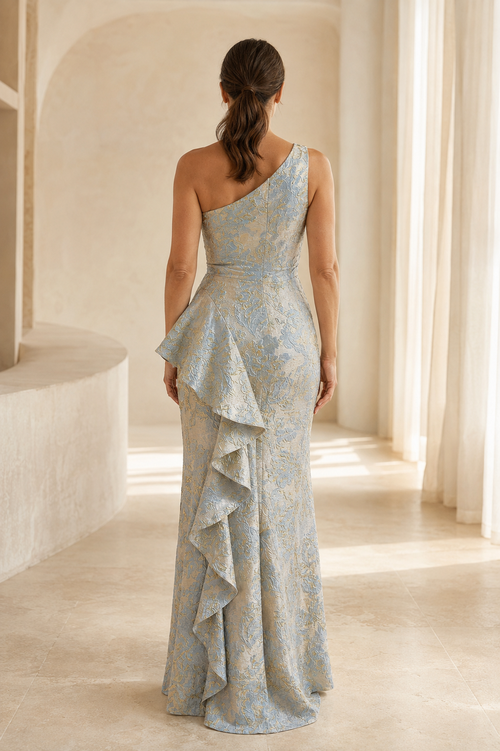 One-Shoulder Jacquard Gown with Cascading Ruffle Detail