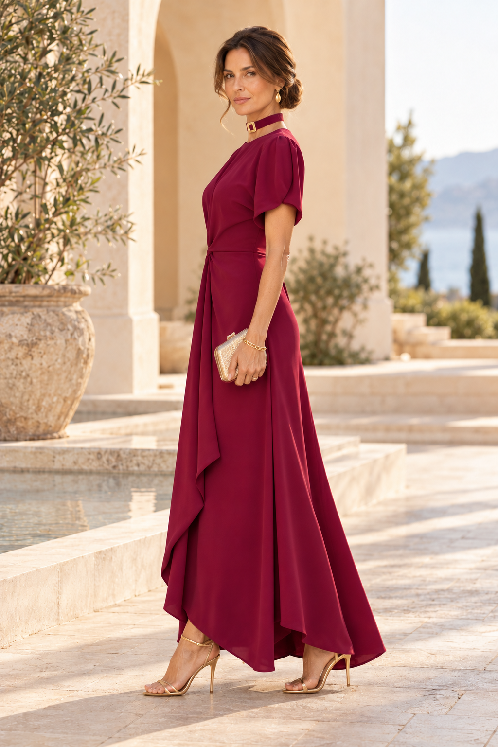 Twist-Front Flutter Sleeve High-Low Maxi Dress