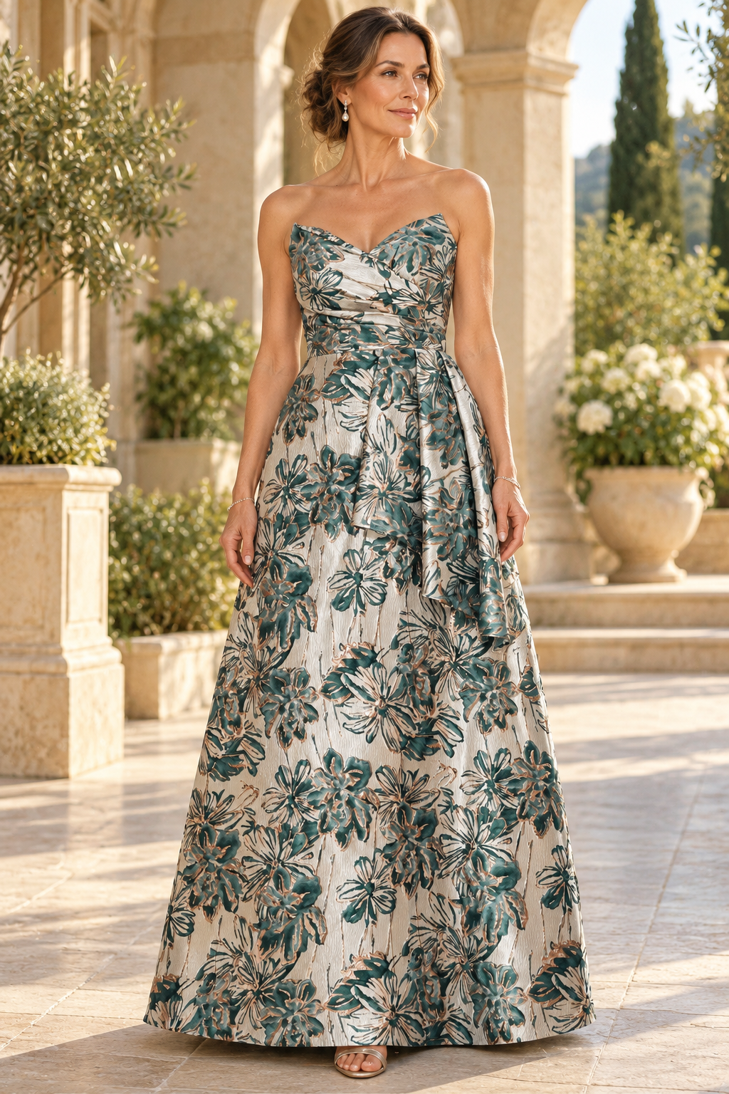 Strapless Jacquard A-Line Gown with Drape