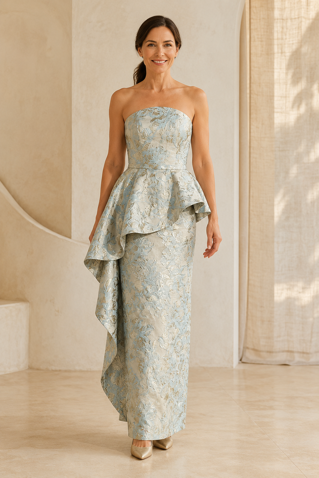 Strapless Jacquard Gown with Draped Peplum Overskirt