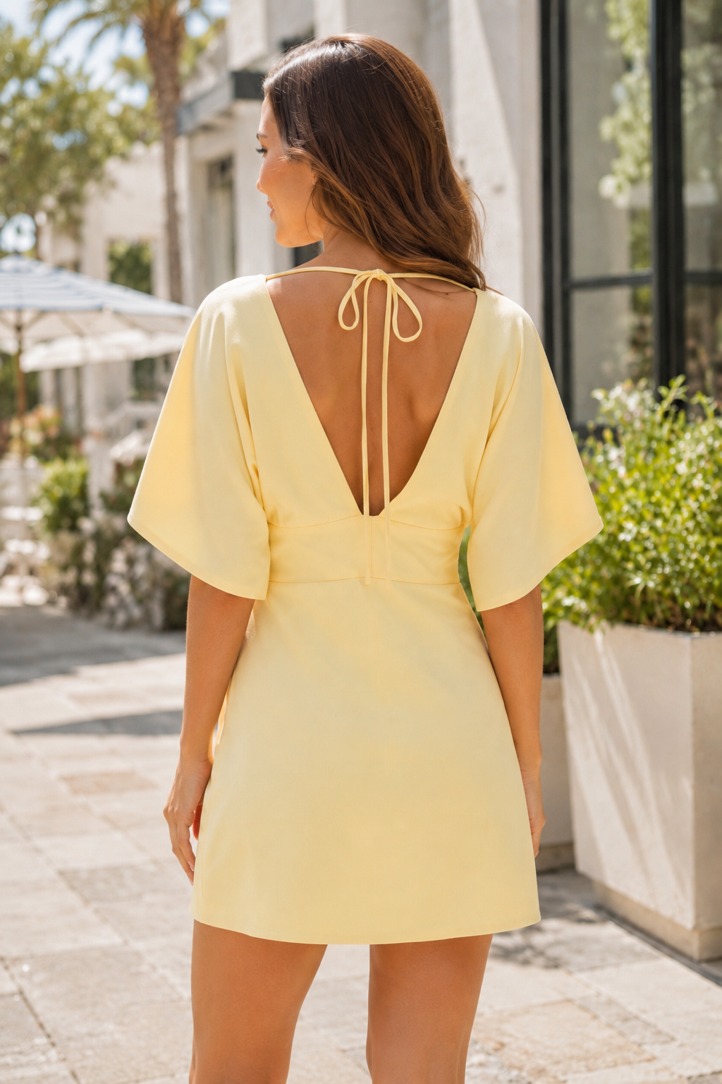 Deep V-Neck Flutter Sleeve Open Back Mini Dress